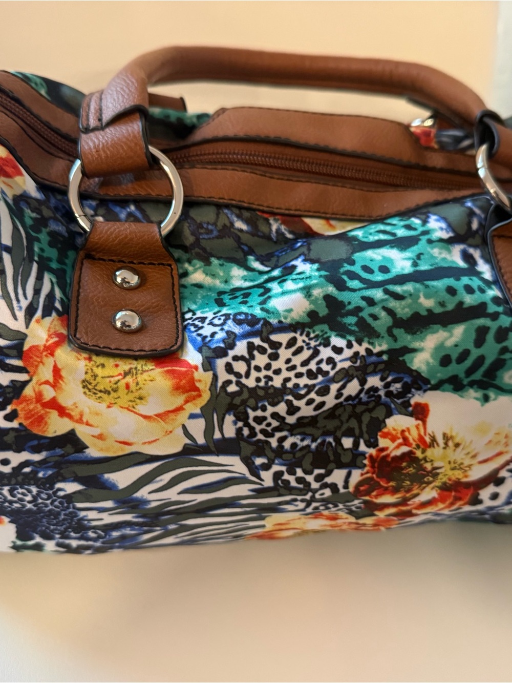 Nine West Floral & Animal Print Tote with Brown Trim